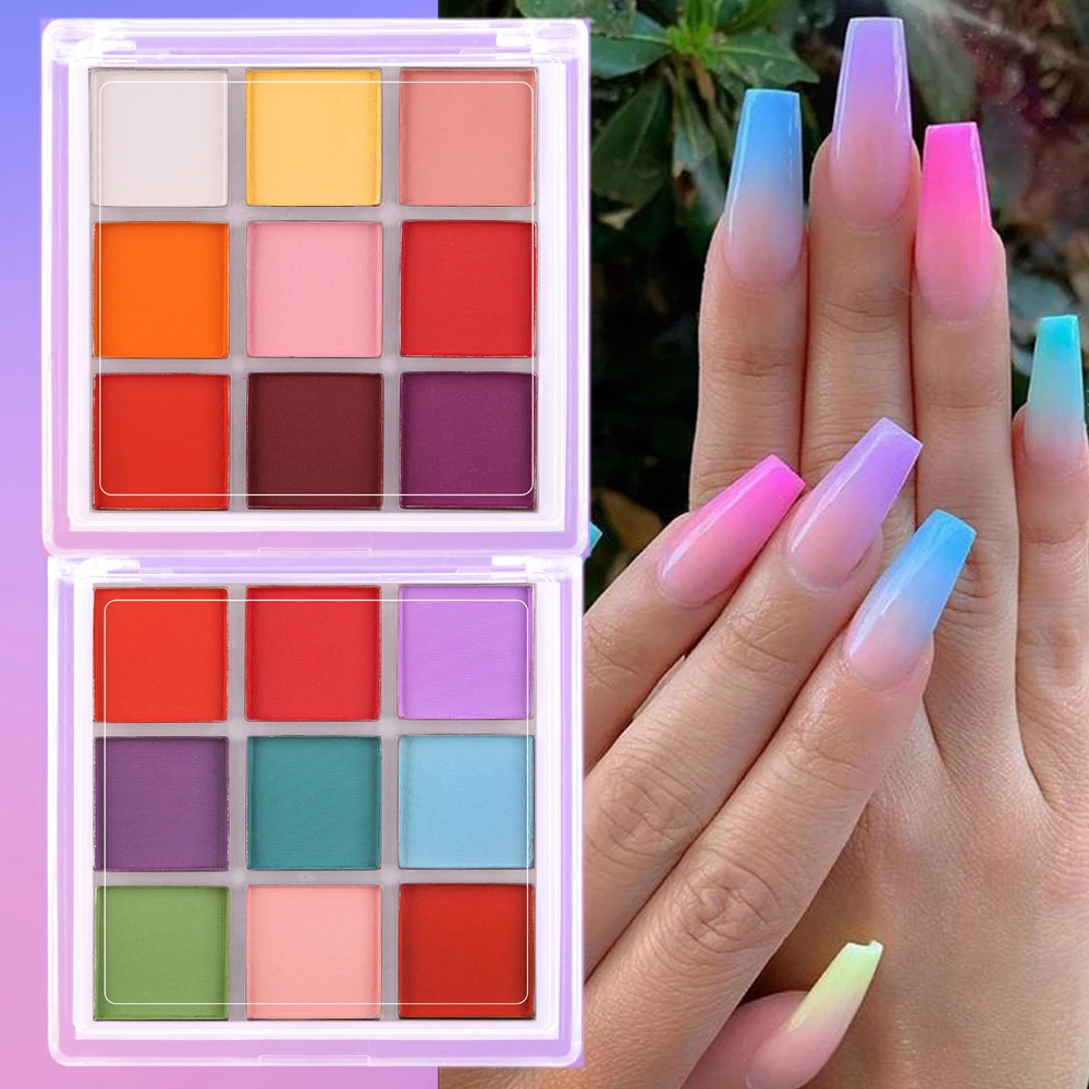 Nail Art Ombre Glitter - 9 Colors Nail Pigment Palette Solid