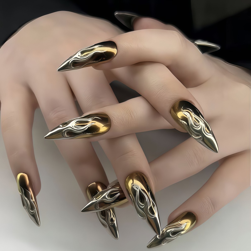 Nail Art Chrome - 24PCS 3D Chrome Silver Gold Flame