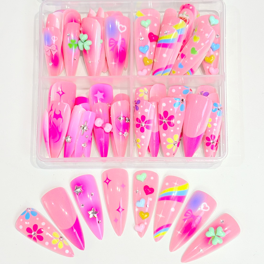 Nail Art Y2K - 96Pcs Long Stiletto Fake Nails Pink