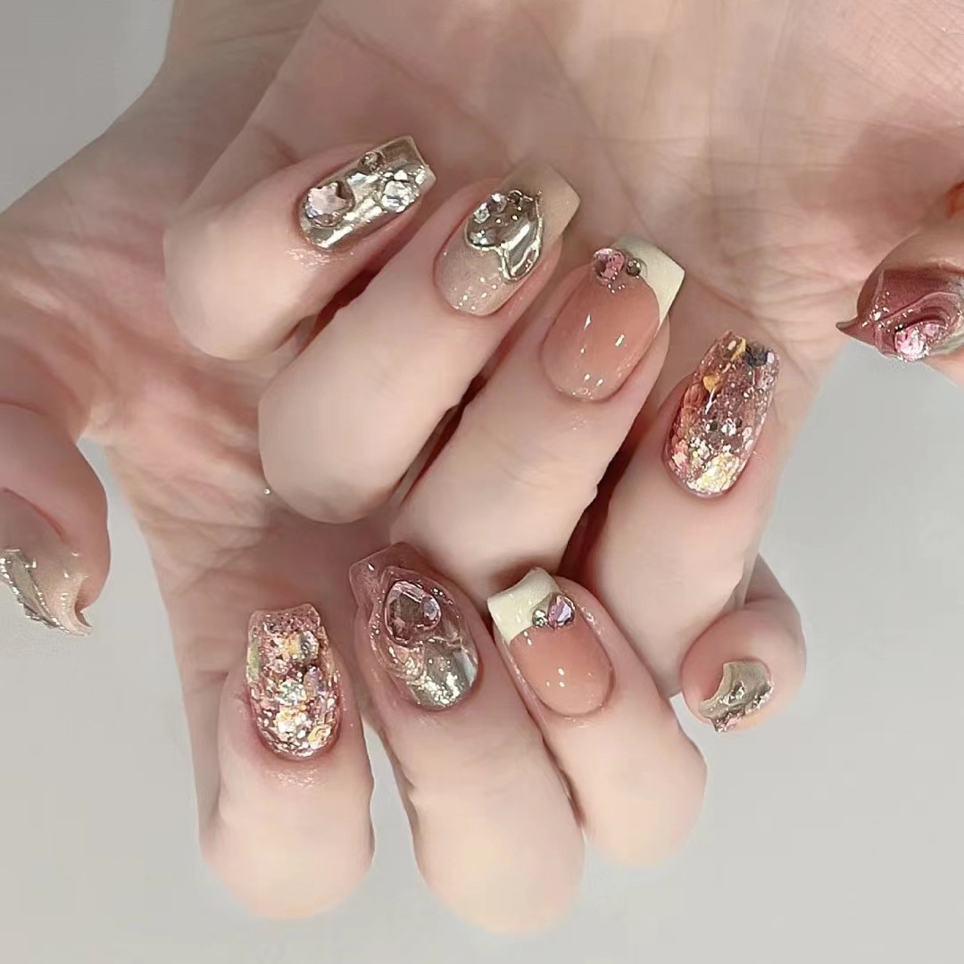 Nail Art Cat Eye Pink - 10Pcs French Pearls Press on Nails